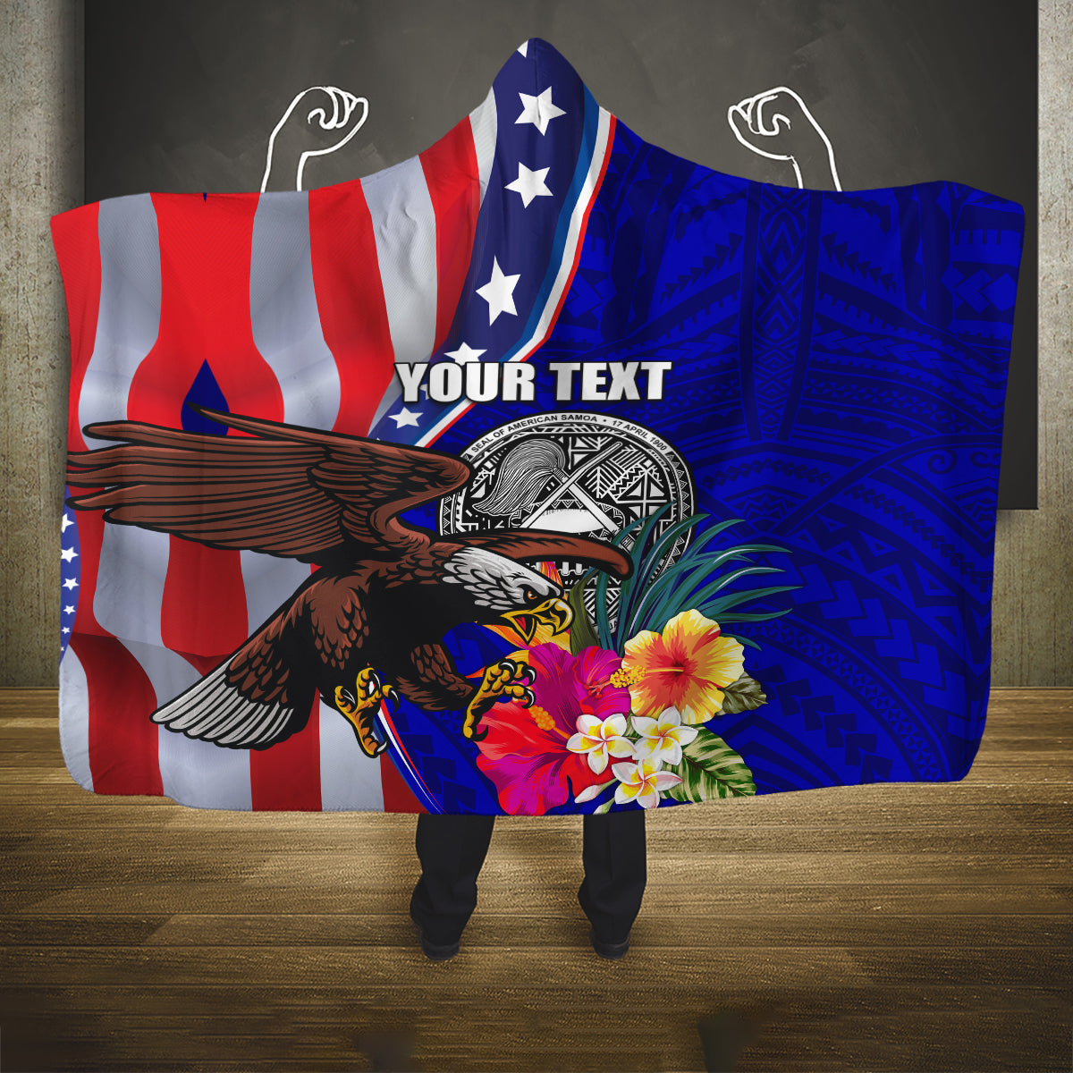 Personalised American Samoa and United States Hooded Blanket Bald Eagle and Seal Hibiscus Polynesian Pattern
