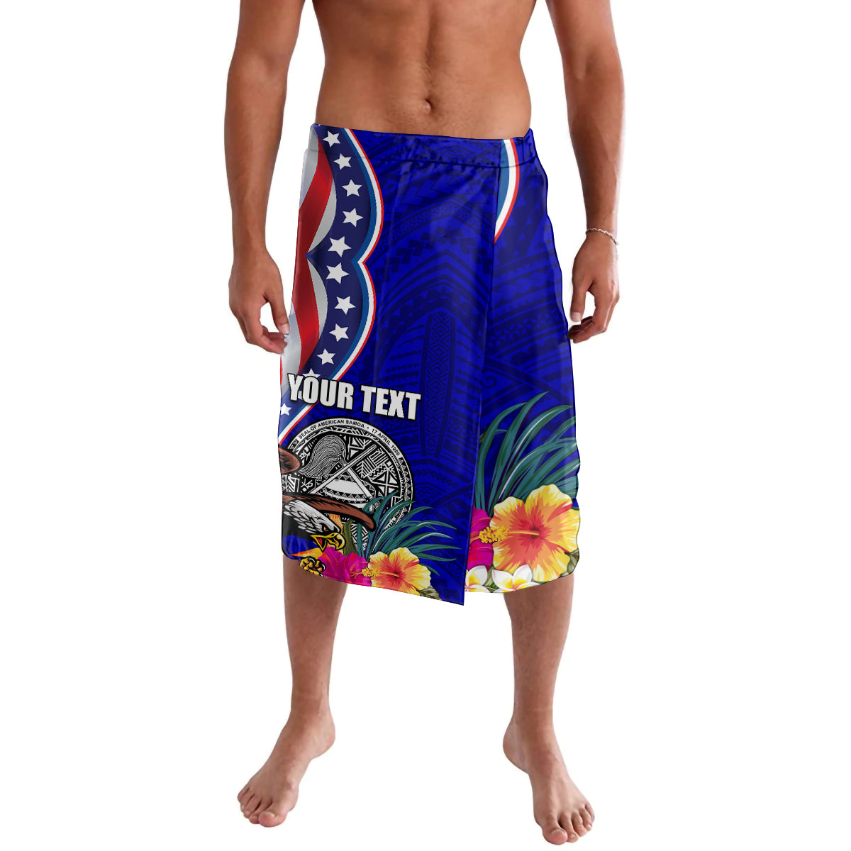 Personalised American Samoa and United States Lavalava Bald Eagle and Seal Hibiscus Polynesian Pattern LT03 Blue - Polynesian Pride