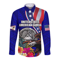 Personalised American Samoa and United States Long Sleeve Button Shirt Bald Eagle and Seal Hibiscus Polynesian Pattern LT03 Unisex Blue - Polynesian Pride