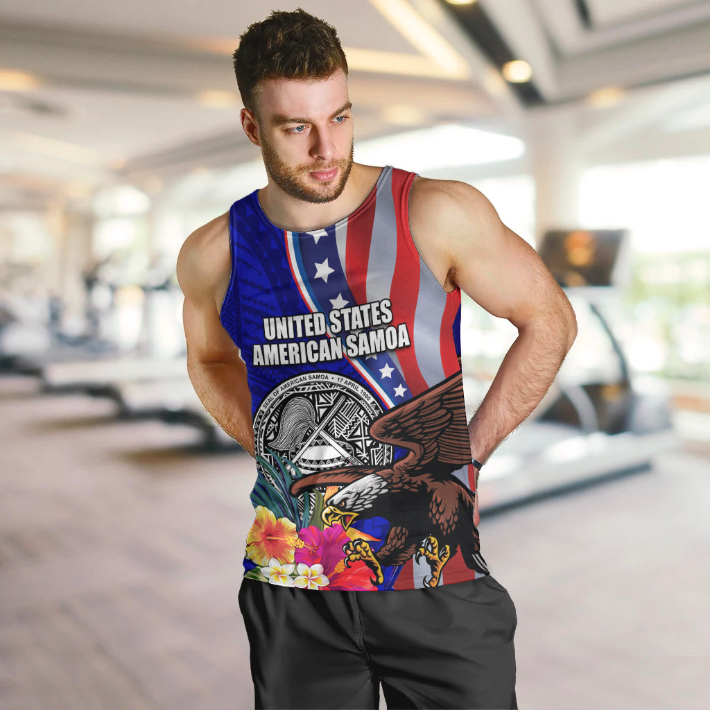 Personalised American Samoa and United States Men Tank Top Bald Eagle and Seal Hibiscus Polynesian Pattern LT03 Blue - Polynesian Pride