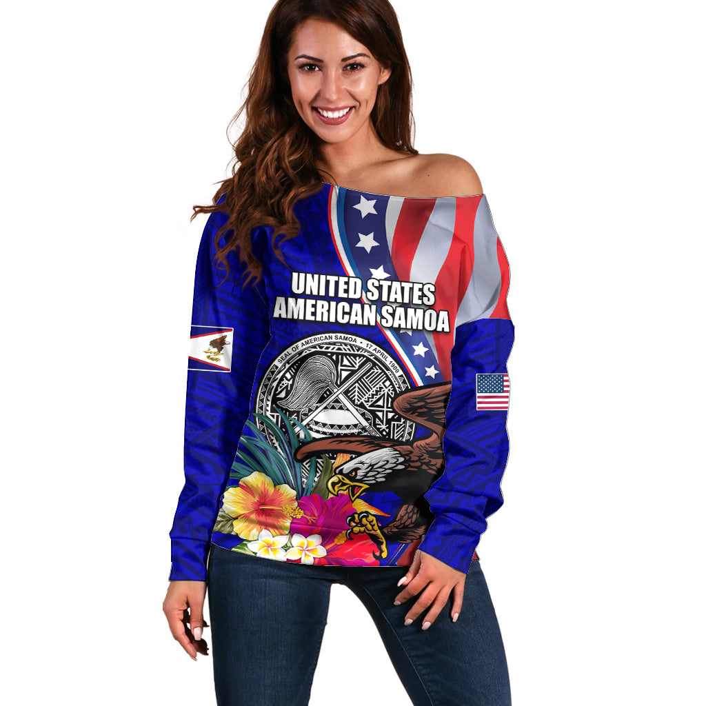 Personalised American Samoa and United States Off Shoulder Sweater Bald Eagle and Seal Hibiscus Polynesian Pattern LT03 Women Blue - Polynesian Pride