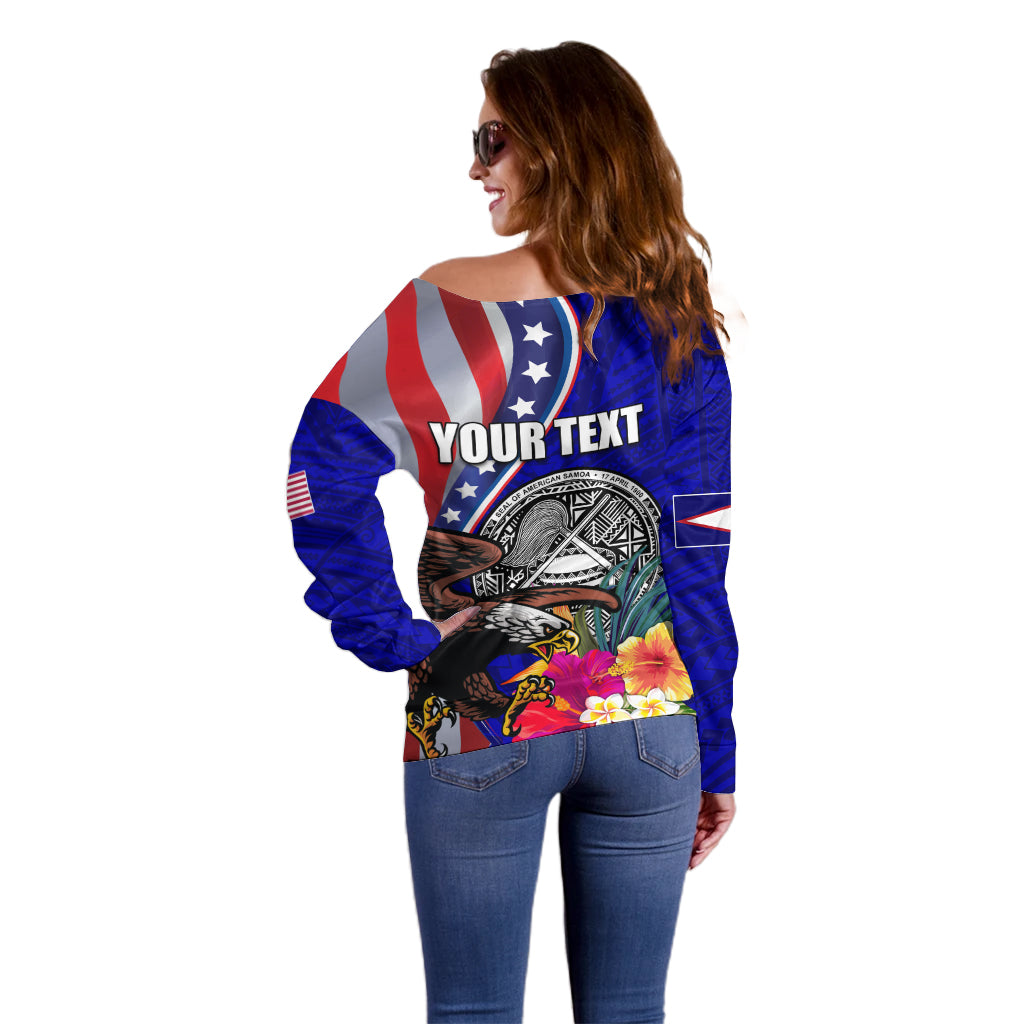 Personalised American Samoa and United States Off Shoulder Sweater Bald Eagle and Seal Hibiscus Polynesian Pattern LT03 - Polynesian Pride