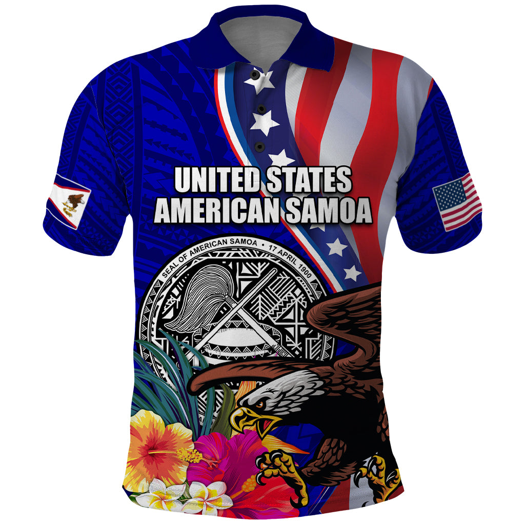 Personalised American Samoa and United States Polo Shirt Bald Eagle and Seal Hibiscus Polynesian Pattern LT03 Blue - Polynesian Pride