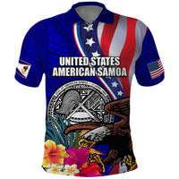 Personalised American Samoa and United States Polo Shirt Bald Eagle and Seal Hibiscus Polynesian Pattern LT03 Blue - Polynesian Pride