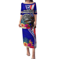 Personalised American Samoa and United States Puletasi Bald Eagle and Seal Hibiscus Polynesian Pattern LT03 Long Dress Blue - Polynesian Pride