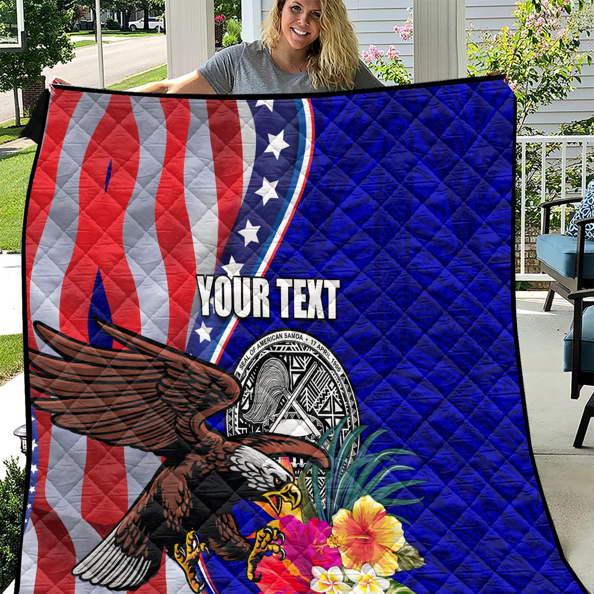 Personalised American Samoa and United States Quilt Bald Eagle and Seal Hibiscus Polynesian Pattern
