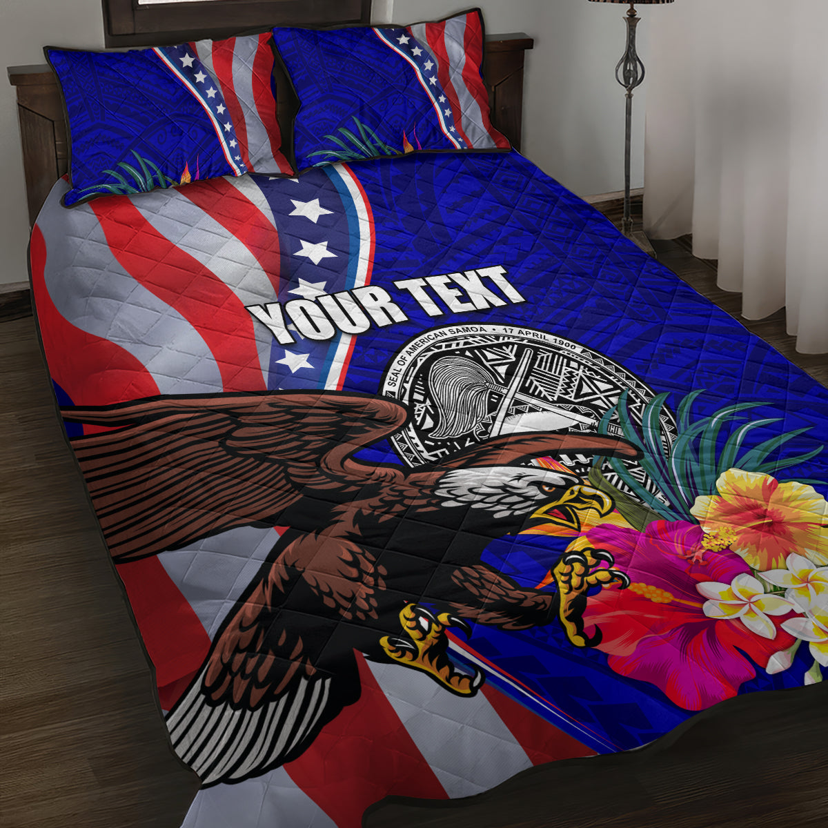 Personalised American Samoa and United States Quilt Bed Set Bald Eagle and Seal Hibiscus Polynesian Pattern LT03 Blue - Polynesian Pride