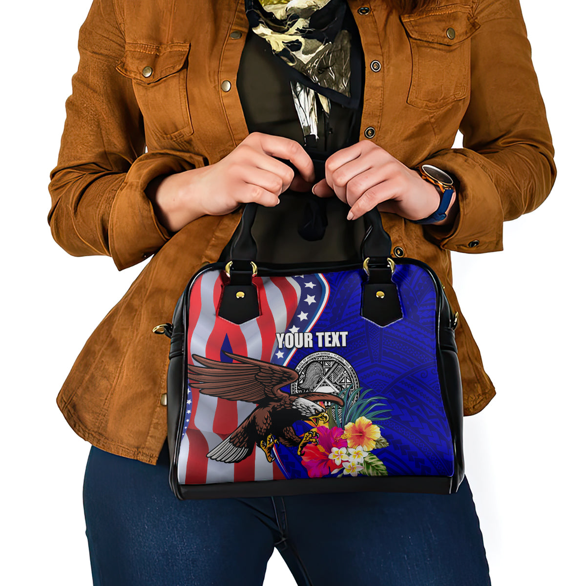 Personalised American Samoa and United States Shoulder Handbag Bald Eagle and Seal Hibiscus Polynesian Pattern LT03 - Polynesian Pride