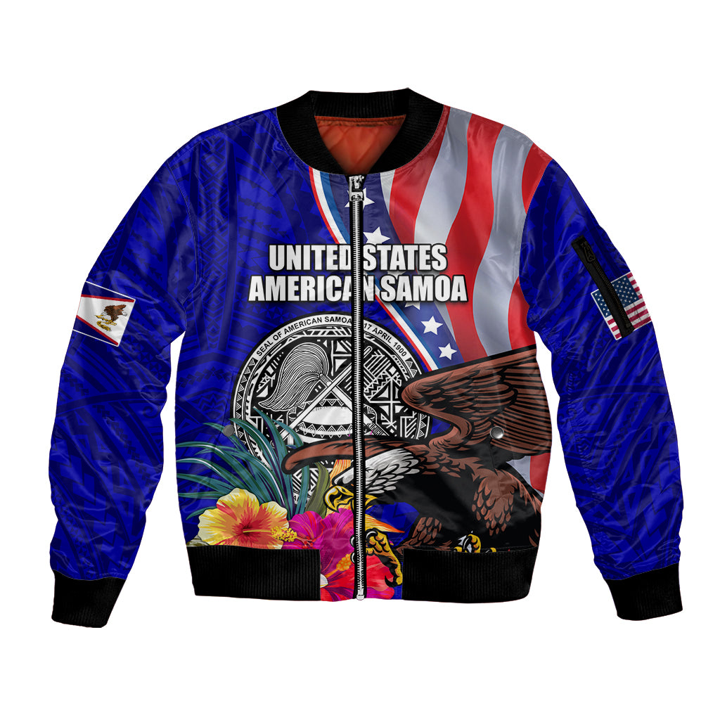 Personalised American Samoa and United States Sleeve Zip Bomber Jacket Bald Eagle and Seal Hibiscus Polynesian Pattern LT03 Unisex Blue - Polynesian Pride