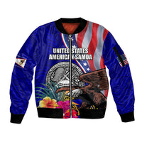 Personalised American Samoa and United States Sleeve Zip Bomber Jacket Bald Eagle and Seal Hibiscus Polynesian Pattern LT03 Unisex Blue - Polynesian Pride
