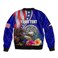 Personalised American Samoa and United States Sleeve Zip Bomber Jacket Bald Eagle and Seal Hibiscus Polynesian Pattern LT03 - Polynesian Pride