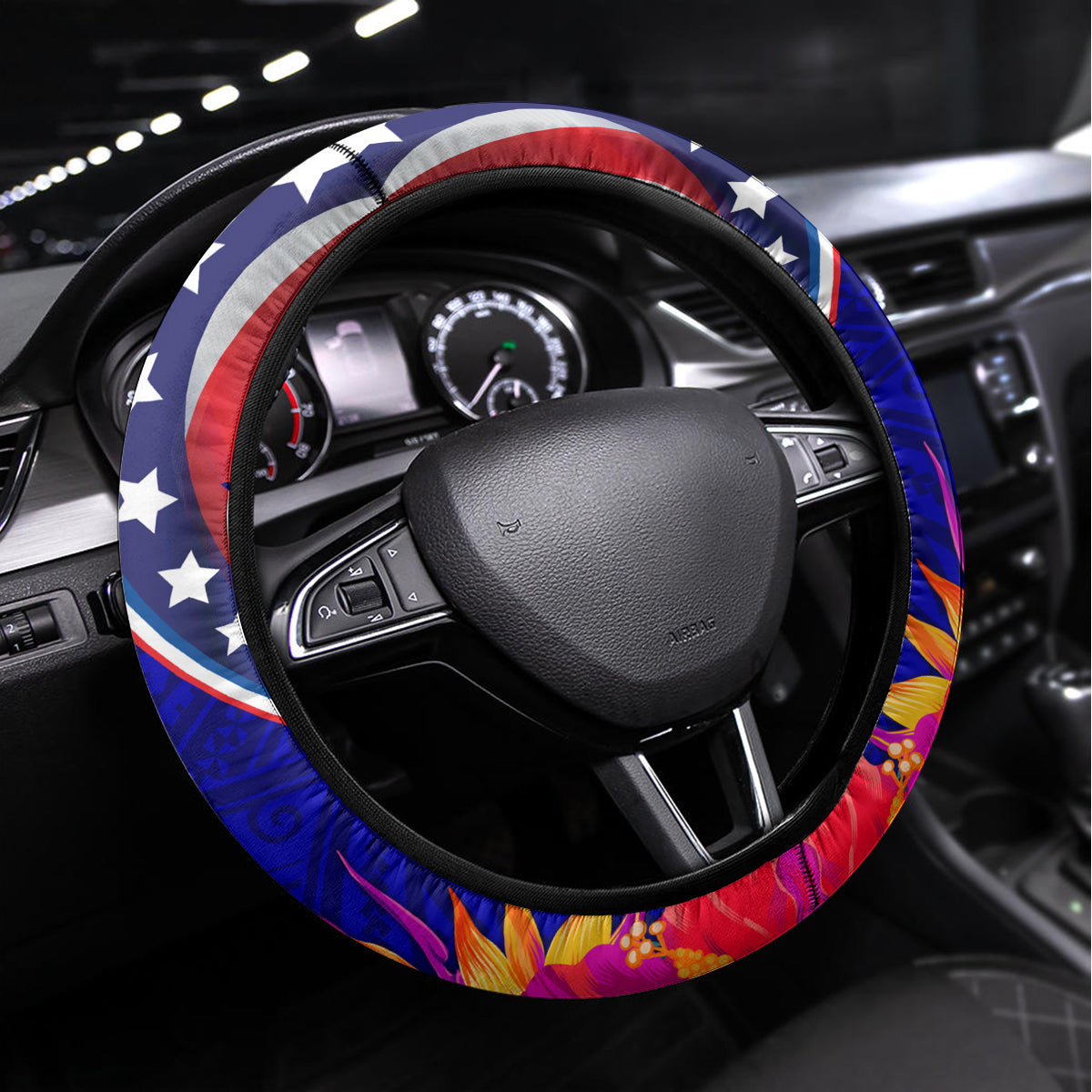 American Samoa and United States Steering Wheel Cover Bald Eagle and Seal Hibiscus Polynesian Pattern