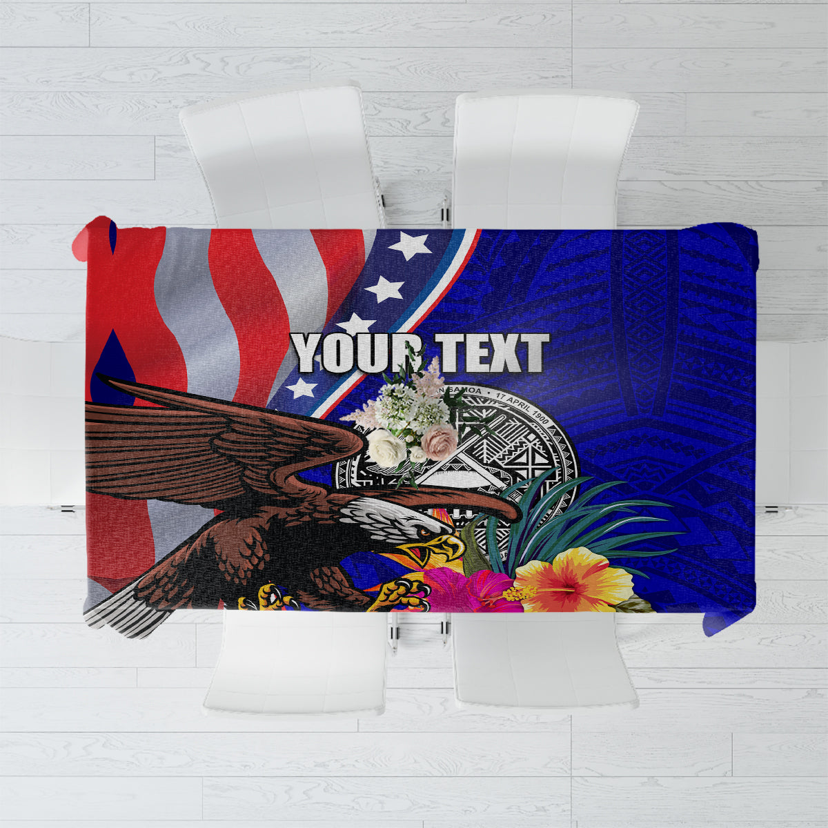 Personalised American Samoa and United States Tablecloth Bald Eagle and Seal Hibiscus Polynesian Pattern LT03 Blue - Polynesian Pride