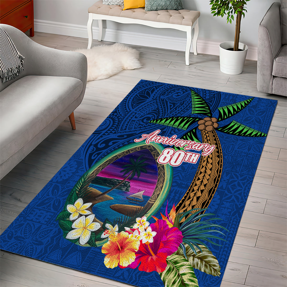 Guam Liberation Day 80th Anniversary Area Rug Palm Tree and Seal Artwork Hibiscus Polynesian Pattern LT03 - Polynesian Pride
