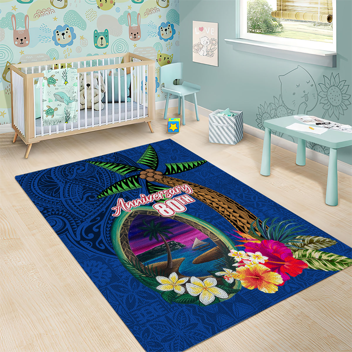 Guam Liberation Day 80th Anniversary Area Rug Palm Tree and Seal Artwork Hibiscus Polynesian Pattern LT03 - Polynesian Pride