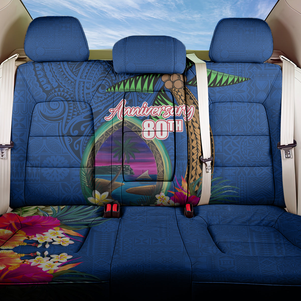 Guam Liberation Day 80th Anniversary Back Car Seat Cover Palm Tree and Seal Artwork Hibiscus Polynesian Pattern LT03 One Size Blue - Polynesian Pride