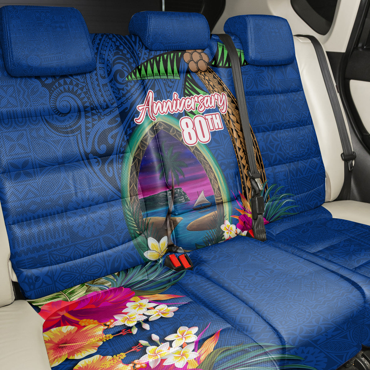 Guam Liberation Day 80th Anniversary Back Car Seat Cover Palm Tree and Seal Artwork Hibiscus Polynesian Pattern LT03 - Polynesian Pride