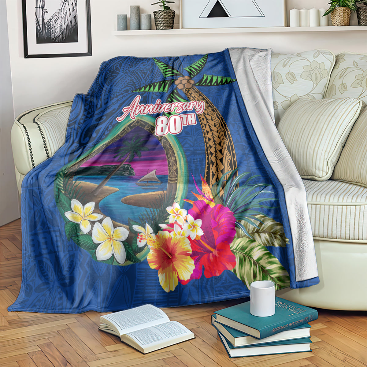 Guam Liberation Day 80th Anniversary Blanket Palm Tree and Seal Artwork Hibiscus Polynesian Pattern LT03 Blue - Polynesian Pride