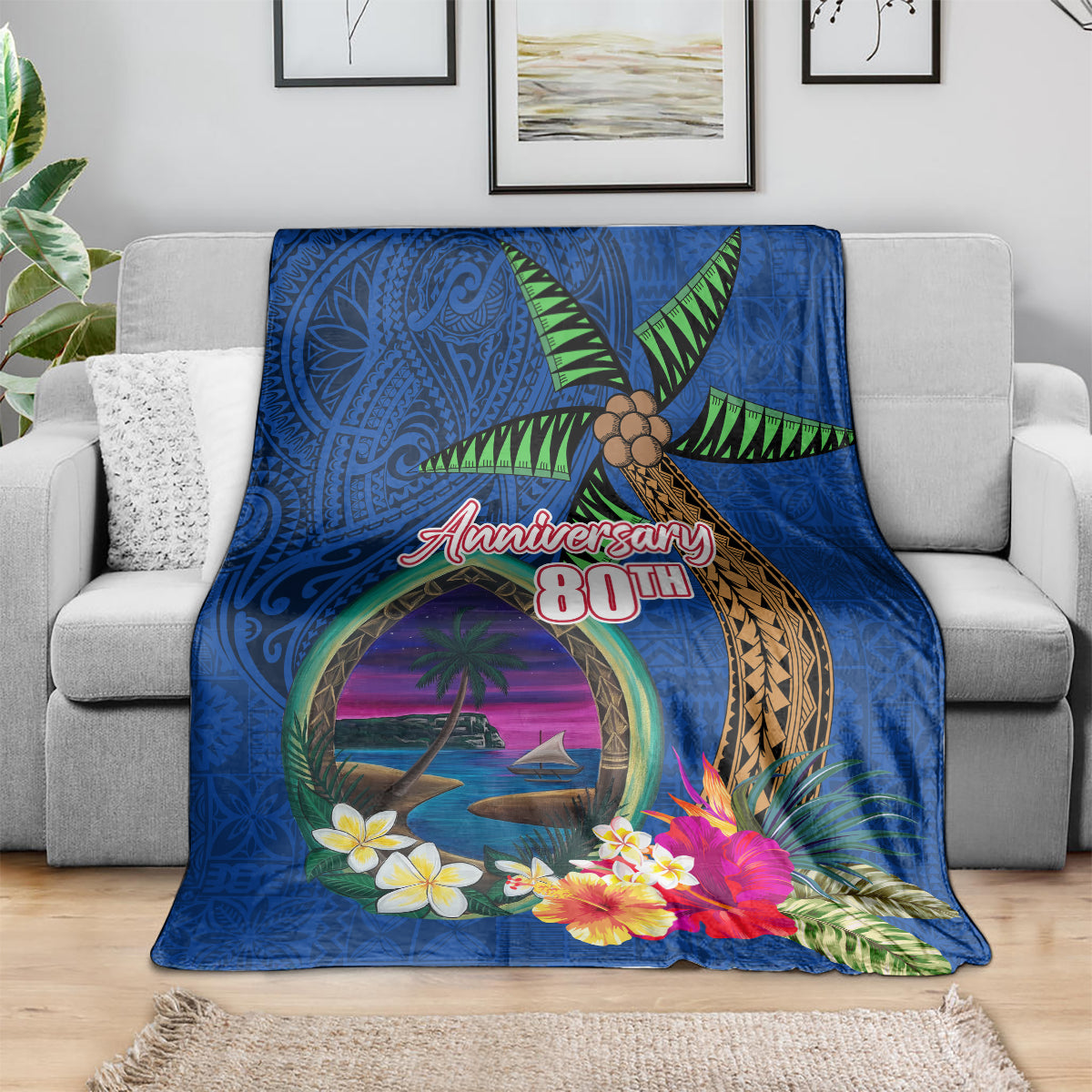Guam Liberation Day 80th Anniversary Blanket Palm Tree and Seal Artwork Hibiscus Polynesian Pattern LT03 - Polynesian Pride