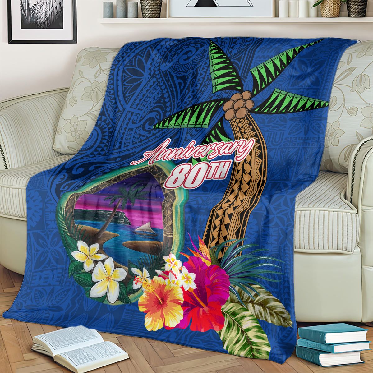 Guam Liberation Day 80th Anniversary Blanket Palm Tree and Seal Artwork Hibiscus Polynesian Pattern LT03 - Polynesian Pride