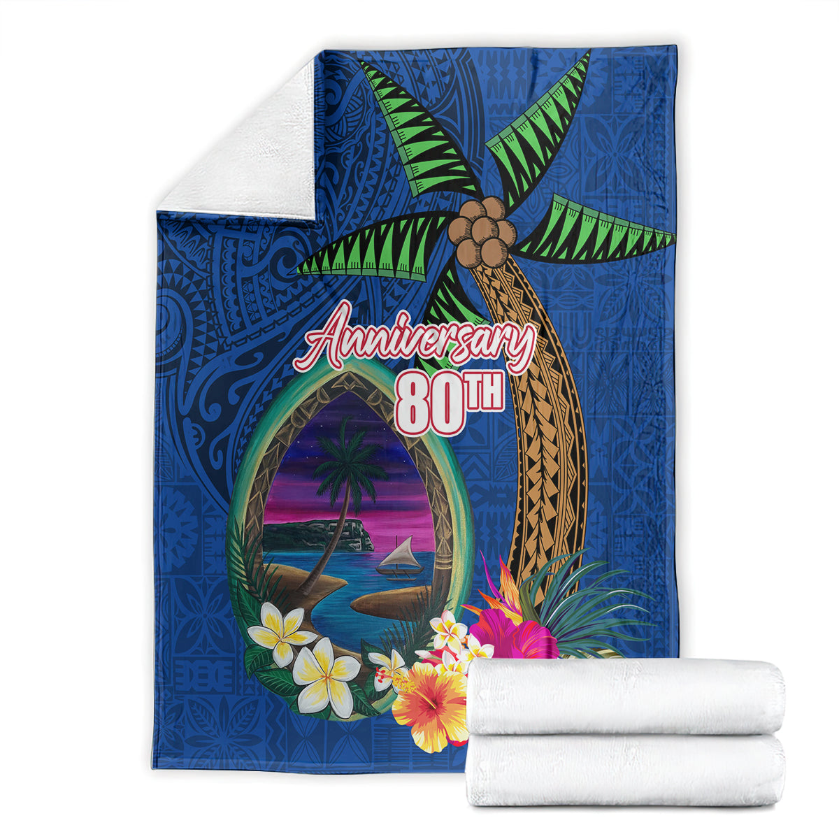 Guam Liberation Day 80th Anniversary Blanket Palm Tree and Seal Artwork Hibiscus Polynesian Pattern LT03 - Polynesian Pride