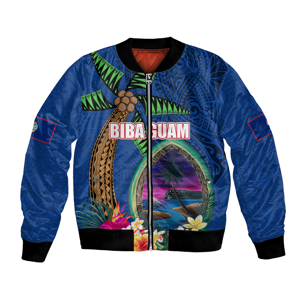 Guam Liberation Day 80th Anniversary Bomber Jacket Palm Tree and Seal Artwork Hibiscus Polynesian Pattern LT03 Unisex Blue - Polynesian Pride