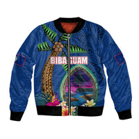 Guam Liberation Day 80th Anniversary Bomber Jacket Palm Tree and Seal Artwork Hibiscus Polynesian Pattern LT03 Unisex Blue - Polynesian Pride