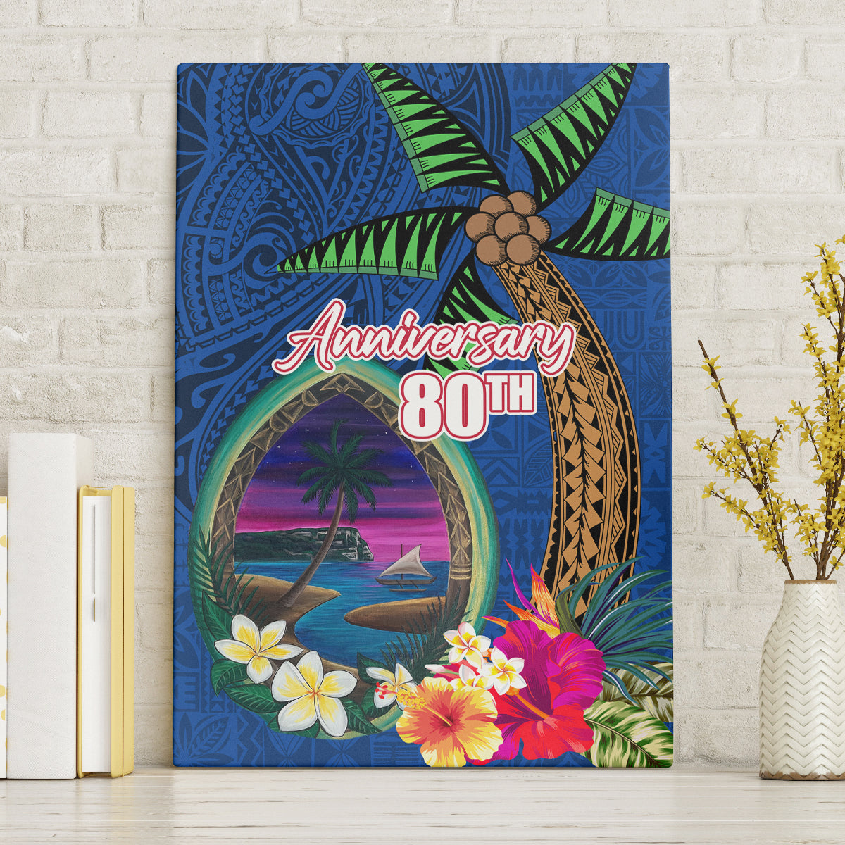 Guam Liberation Day 80th Anniversary Canvas Wall Art Palm Tree and Seal Artwork Hibiscus Polynesian Pattern LT03 Without Frame Blue - Polynesian Pride