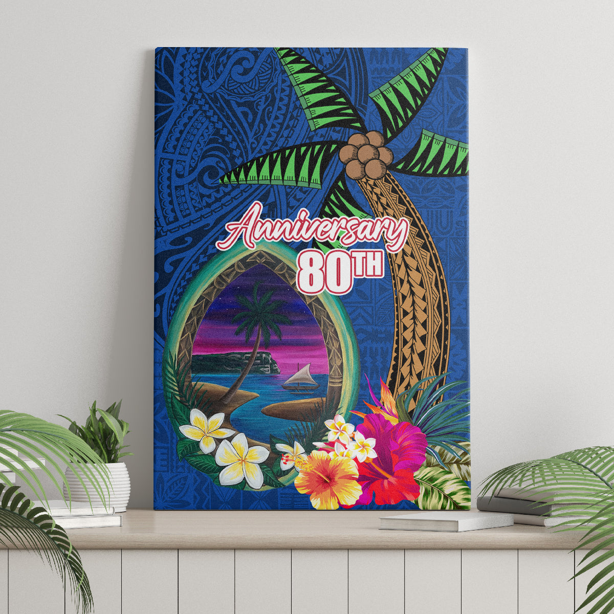 Guam Liberation Day 80th Anniversary Canvas Wall Art Palm Tree and Seal Artwork Hibiscus Polynesian Pattern LT03 - Polynesian Pride