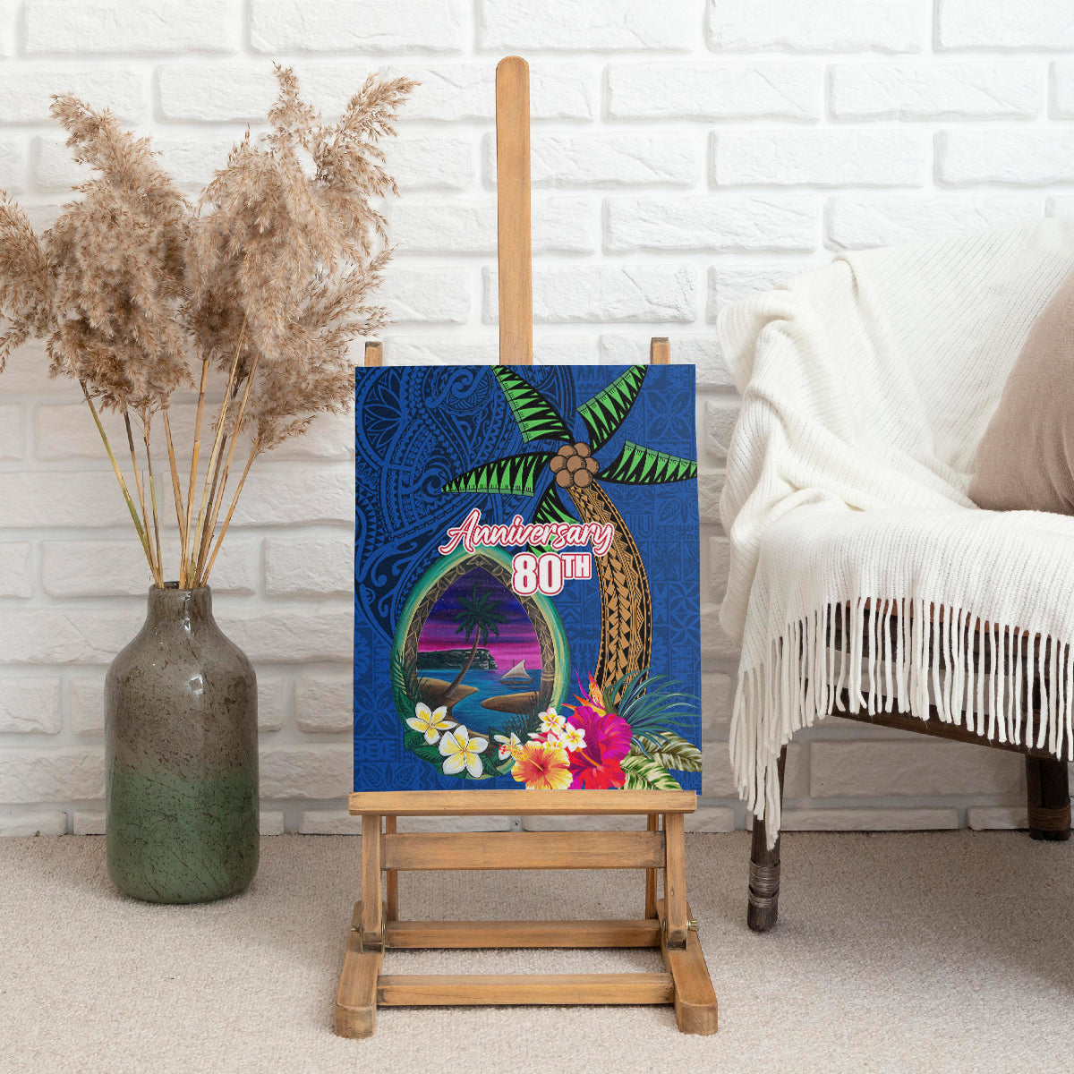 Guam Liberation Day 80th Anniversary Canvas Wall Art Palm Tree and Seal Artwork Hibiscus Polynesian Pattern LT03 - Polynesian Pride