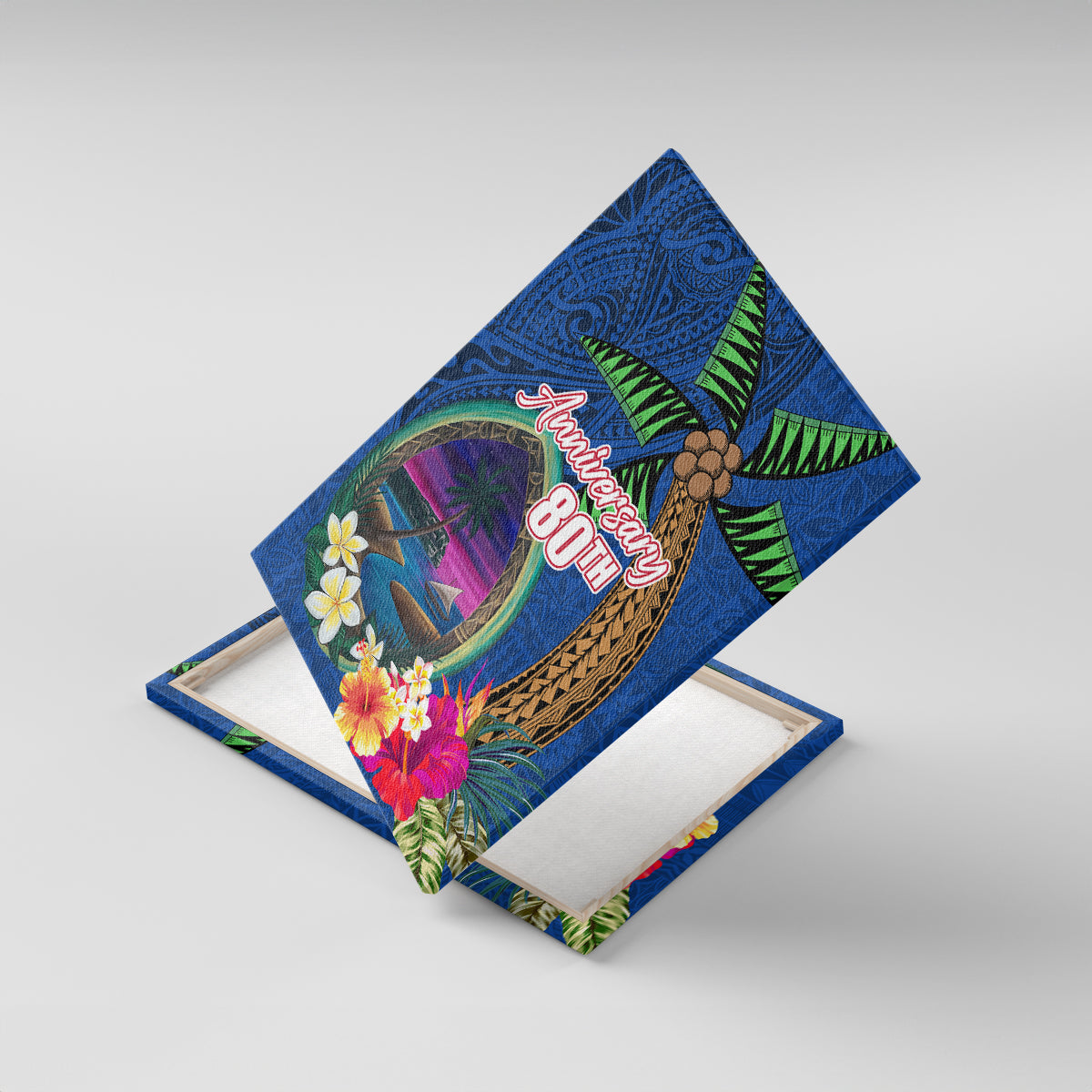 Guam Liberation Day 80th Anniversary Canvas Wall Art Palm Tree and Seal Artwork Hibiscus Polynesian Pattern LT03 With Frame Blue - Polynesian Pride