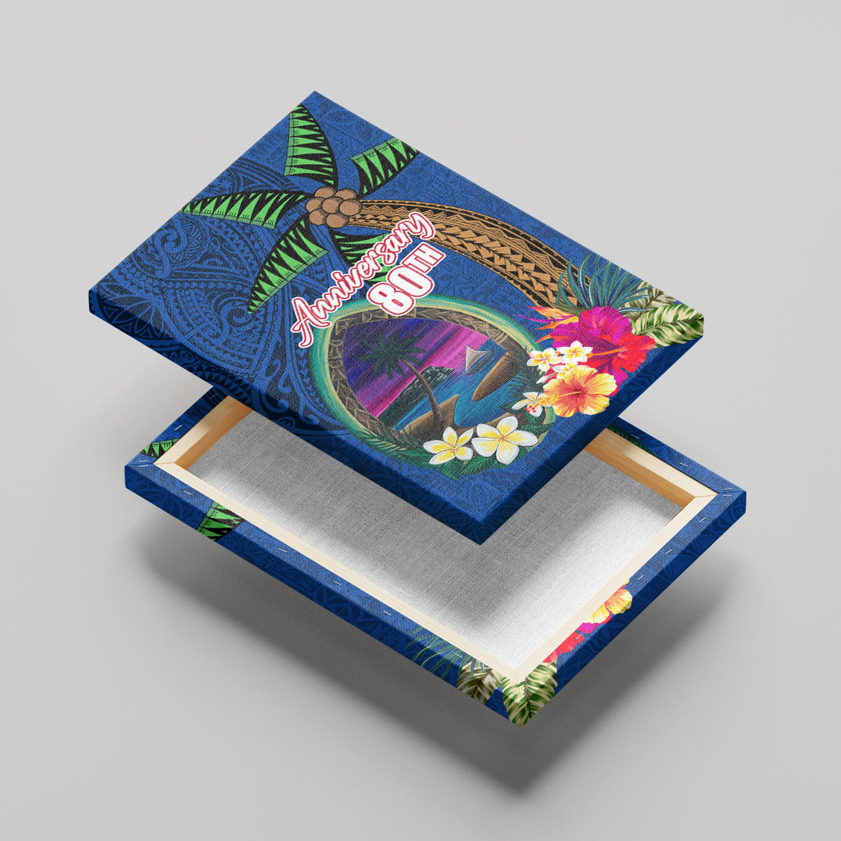 Guam Liberation Day 80th Anniversary Canvas Wall Art Palm Tree and Seal Artwork Hibiscus Polynesian Pattern LT03 - Polynesian Pride