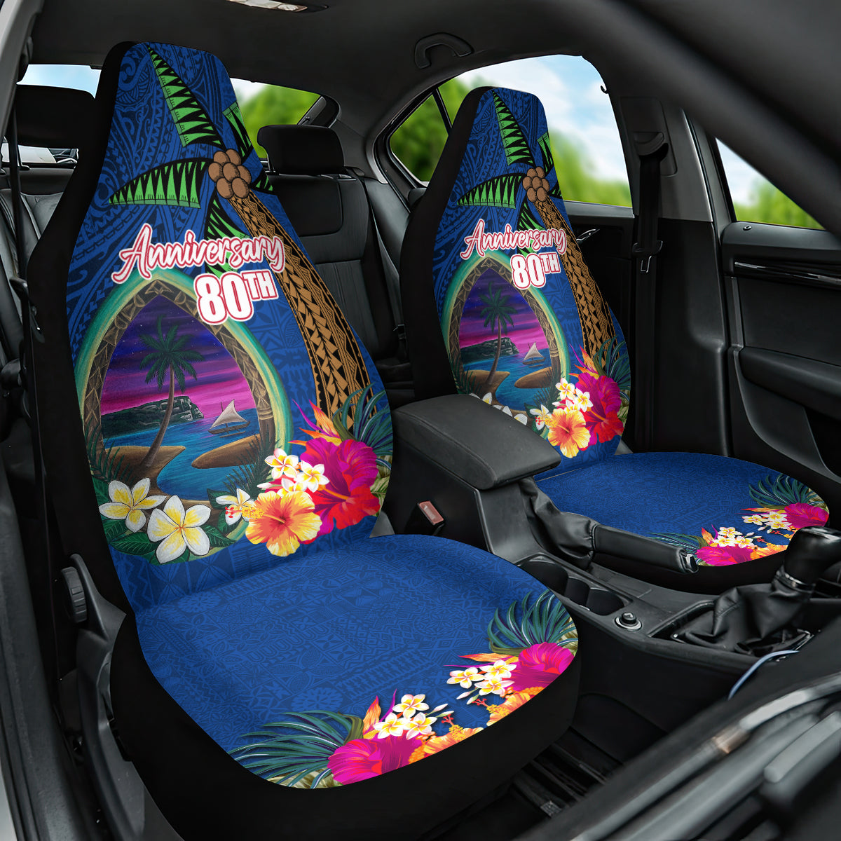 Guam Liberation Day 80th Anniversary Car Seat Cover Palm Tree and Seal Artwork Hibiscus Polynesian Pattern LT03 One Size Blue - Polynesian Pride