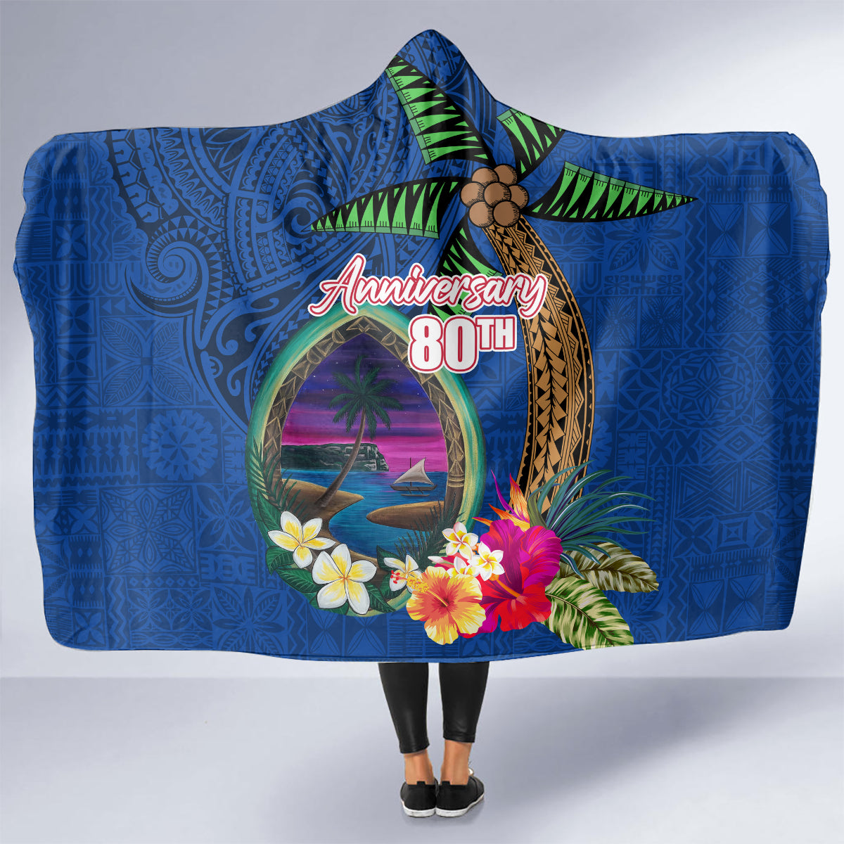 Guam Liberation Day 80th Anniversary Hooded Blanket Palm Tree and Seal Artwork Hibiscus Polynesian Pattern LT03 - Polynesian Pride
