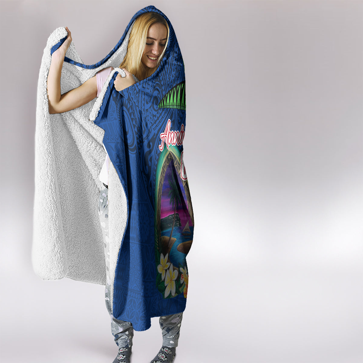 Guam Liberation Day 80th Anniversary Hooded Blanket Palm Tree and Seal Artwork Hibiscus Polynesian Pattern LT03 - Polynesian Pride