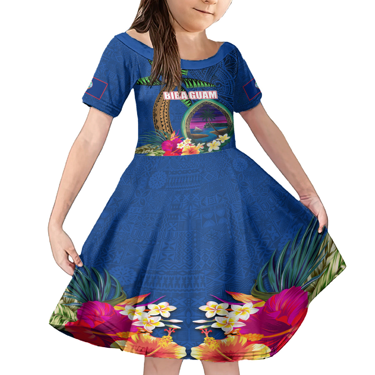 Guam Liberation Day 80th Anniversary Kid Short Sleeve Dress Palm Tree and Seal Artwork Hibiscus Polynesian Pattern LT03 KID Blue - Polynesian Pride