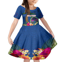 Guam Liberation Day 80th Anniversary Kid Short Sleeve Dress Palm Tree and Seal Artwork Hibiscus Polynesian Pattern LT03 KID Blue - Polynesian Pride