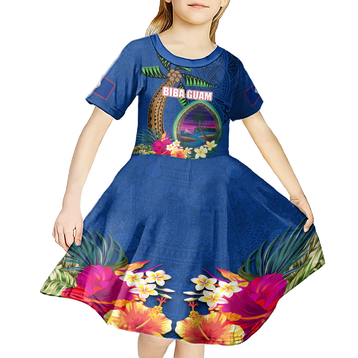 Guam Liberation Day 80th Anniversary Kid Short Sleeve Dress Palm Tree and Seal Artwork Hibiscus Polynesian Pattern LT03 - Polynesian Pride