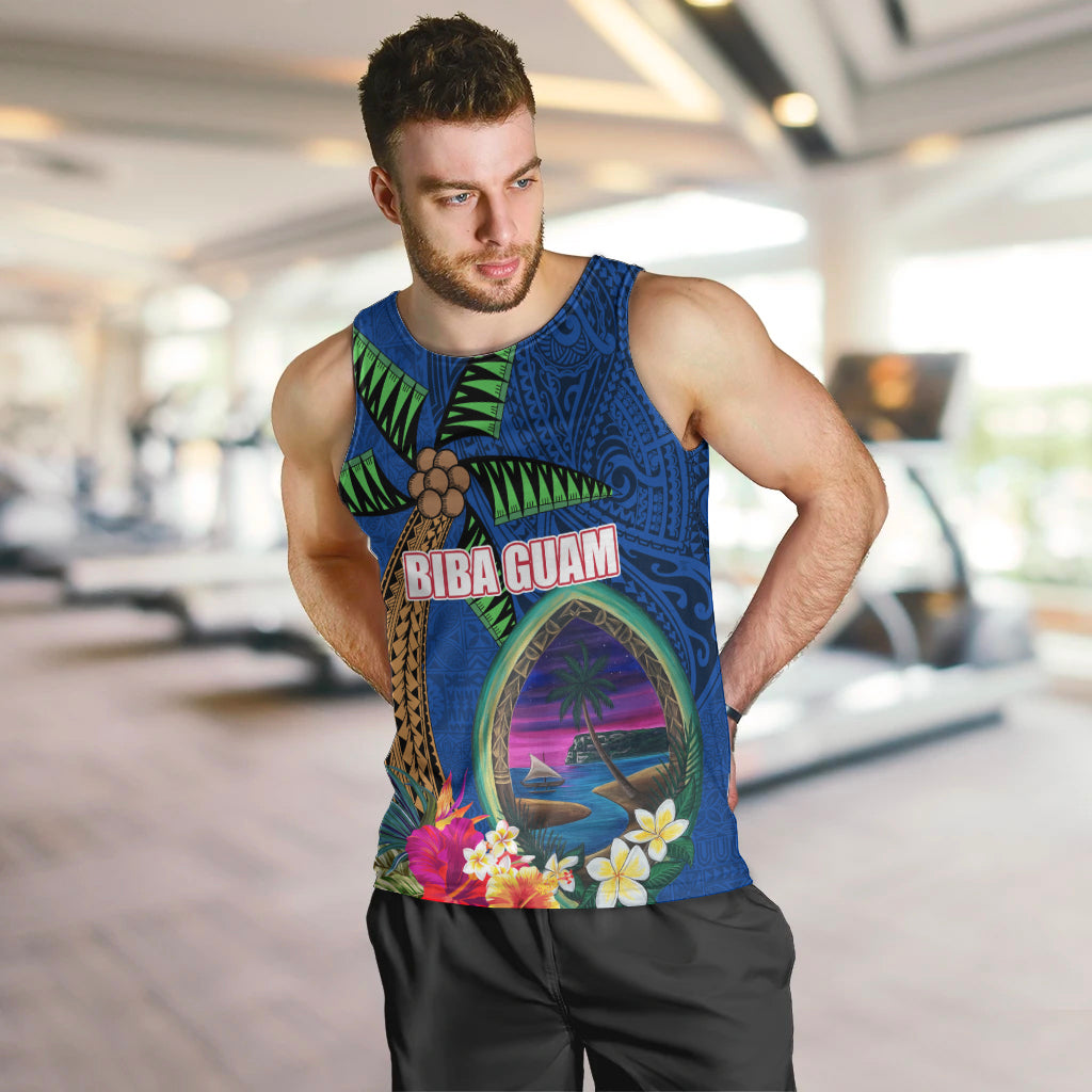 Guam Liberation Day 80th Anniversary Men Tank Top Palm Tree and Seal Artwork Hibiscus Polynesian Pattern LT03 Blue - Polynesian Pride