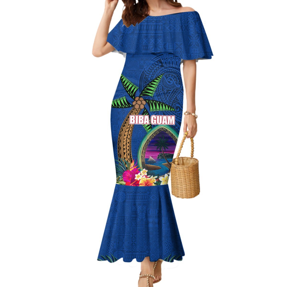 Guam Liberation Day 80th Anniversary Mermaid Dress Palm Tree and Seal Artwork Hibiscus Polynesian Pattern LT03 Women Blue - Polynesian Pride