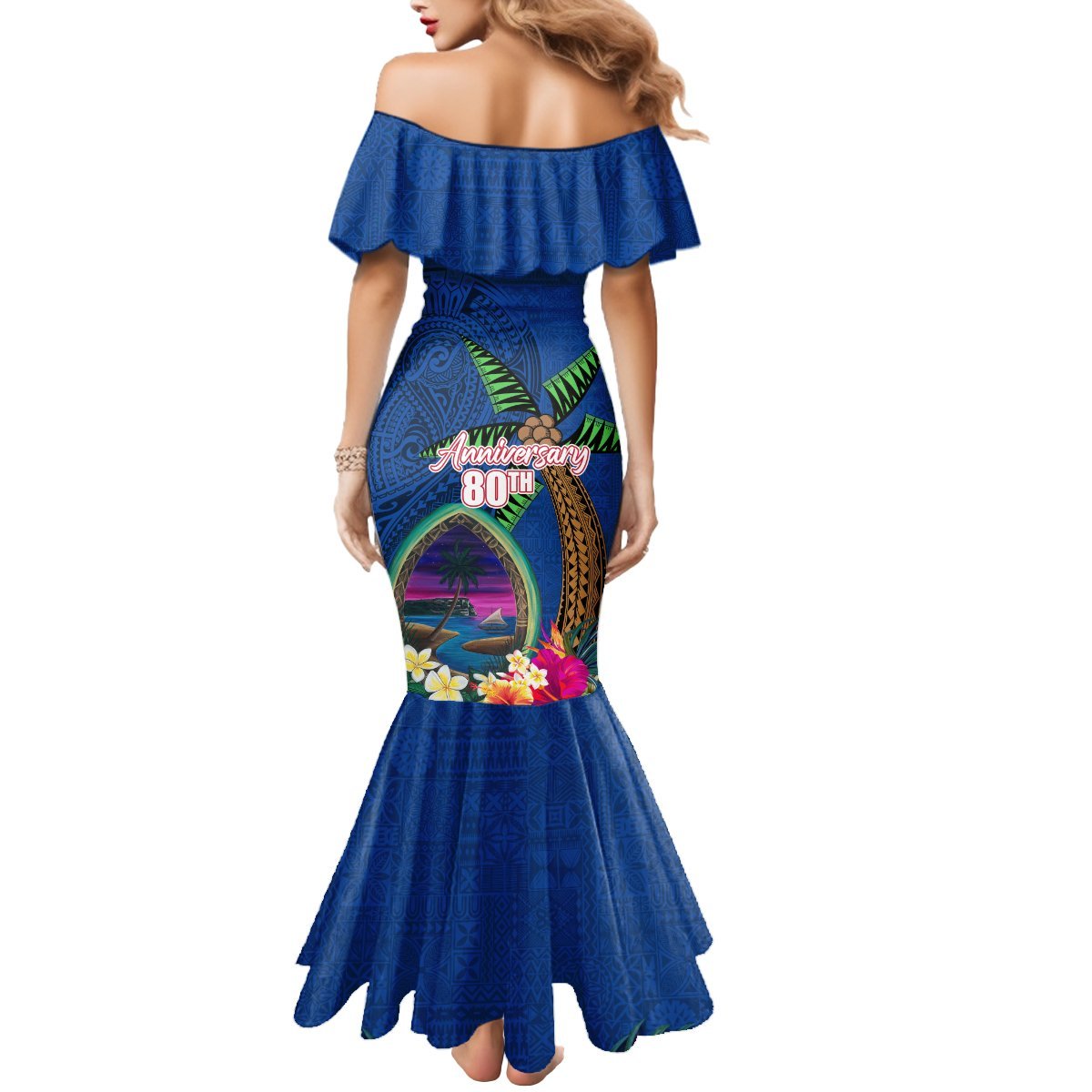 Guam Liberation Day 80th Anniversary Mermaid Dress Palm Tree and Seal Artwork Hibiscus Polynesian Pattern LT03 - Polynesian Pride