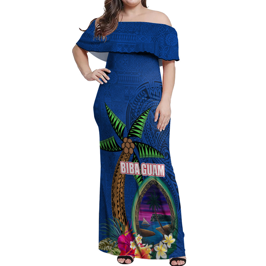 Guam Liberation Day 80th Anniversary Off Shoulder Maxi Dress Palm Tree and Seal Artwork Hibiscus Polynesian Pattern LT03 Women Blue - Polynesian Pride