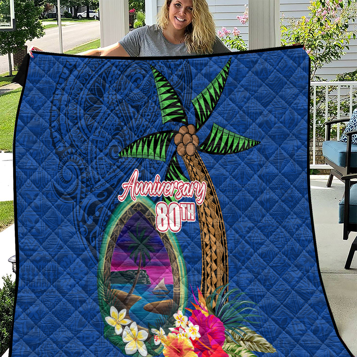 Guam Liberation Day 80th Anniversary Quilt Palm Tree and Seal Artwork Hibiscus Polynesian Pattern