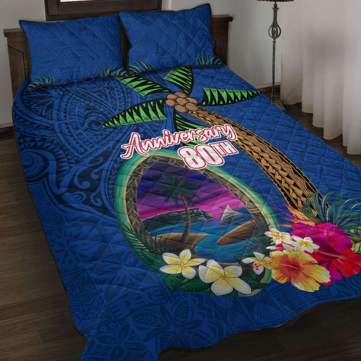 Guam Liberation Day 80th Anniversary Quilt Bed Set Palm Tree and Seal Artwork Hibiscus Polynesian Pattern LT03 Blue - Polynesian Pride