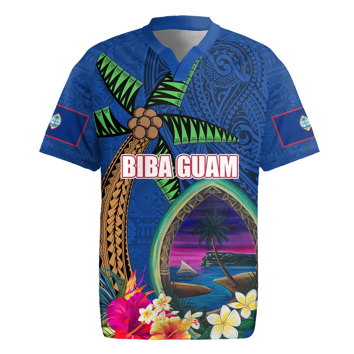 Guam Liberation Day 80th Anniversary Rugby Jersey Palm Tree and Seal Artwork Hibiscus Polynesian Pattern LT03 Blue - Polynesian Pride
