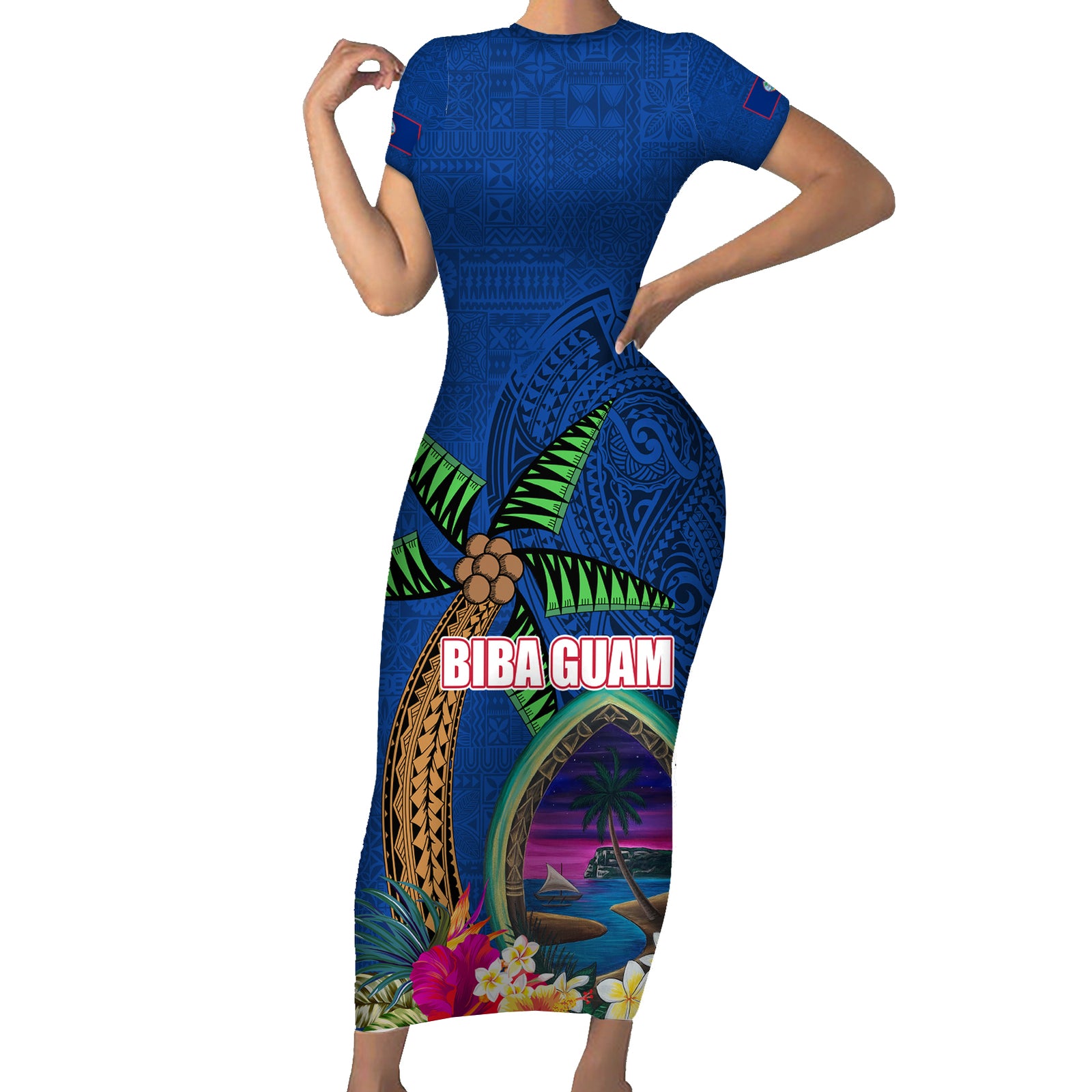 Guam Liberation Day 80th Anniversary Short Sleeve Bodycon Dress Palm Tree and Seal Artwork Hibiscus Polynesian Pattern LT03 Long Dress Blue - Polynesian Pride