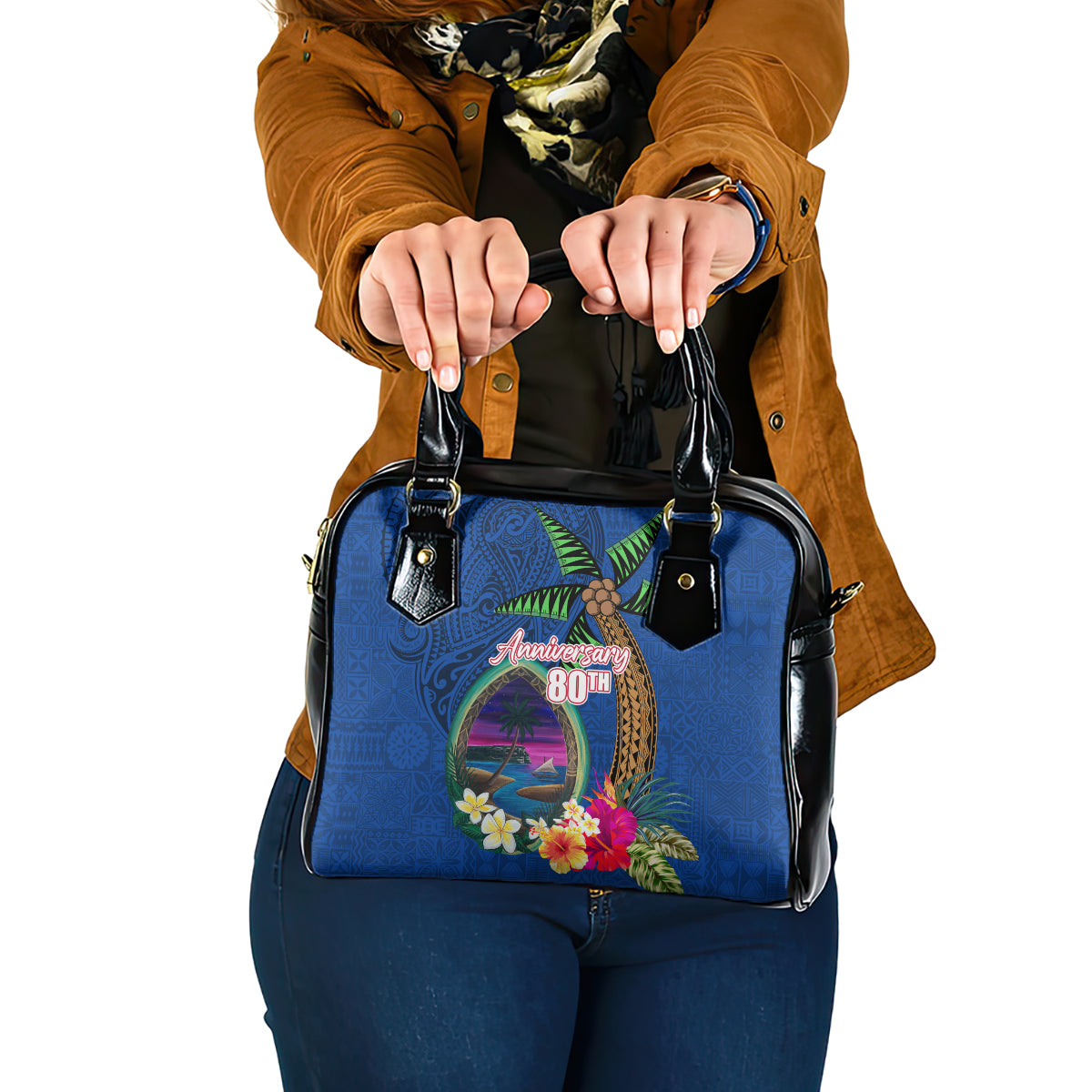 Guam Liberation Day 80th Anniversary Shoulder Handbag Palm Tree and Seal Artwork Hibiscus Polynesian Pattern LT03 One Size Blue - Polynesian Pride