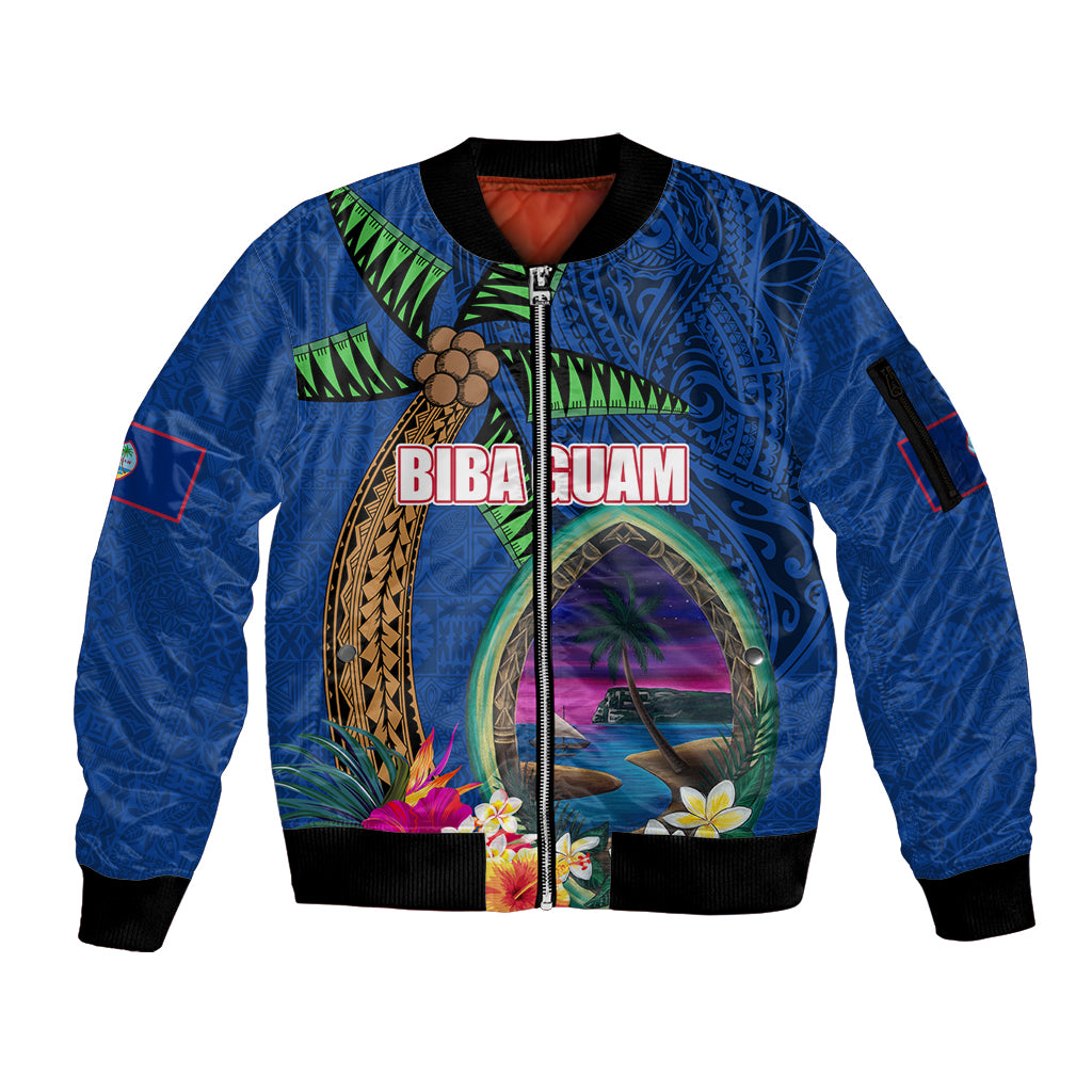 Guam Liberation Day 80th Anniversary Sleeve Zip Bomber Jacket Palm Tree and Seal Artwork Hibiscus Polynesian Pattern LT03 Unisex Blue - Polynesian Pride