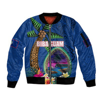 Guam Liberation Day 80th Anniversary Sleeve Zip Bomber Jacket Palm Tree and Seal Artwork Hibiscus Polynesian Pattern LT03 Unisex Blue - Polynesian Pride
