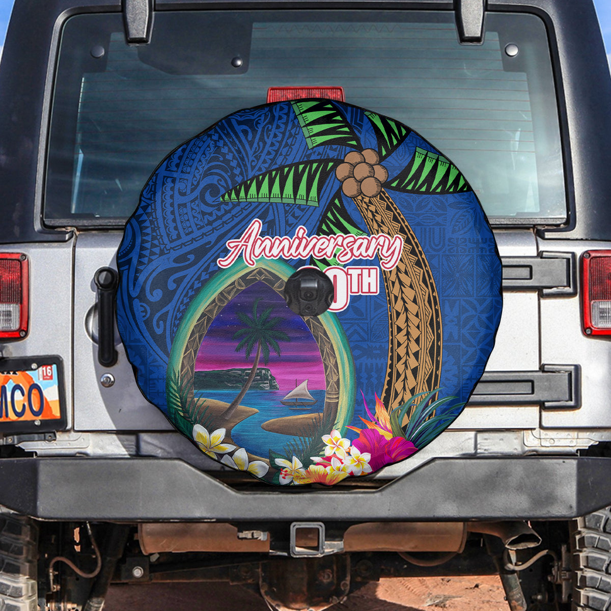 Guam Liberation Day 80th Anniversary Spare Tire Cover Palm Tree and Seal Artwork Hibiscus Polynesian Pattern LT03 Blue - Polynesian Pride